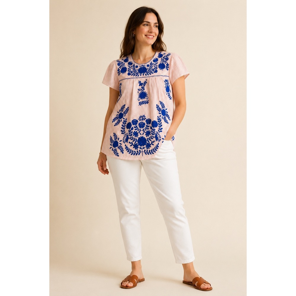 Layerz Clothing Embroidered Boho Tunic Top Pink Stripe Blue Floral Cottagecore M